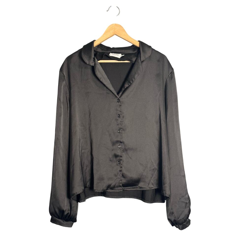 Flounce London Black Satin Button‎ Down Balloon Sleeve Blouse Size 18 Polyester